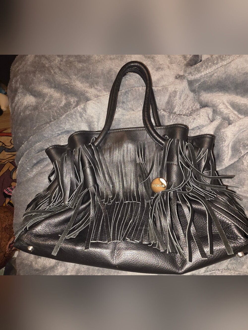 Furla Black Leather Fringe Tote Bag